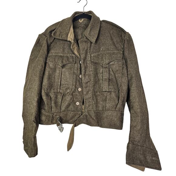 Vintage 50s S French Military Green Ike Jacket Wool Buckle Button Front Wool - Picture 1 of 10